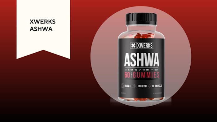 A red and black background with a white banner that reads Xwerks Ashwa beside a bottle of the same product